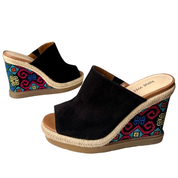 NINE WEST Rare Wedge Suede Mules Platform Cross Stitch Sandals Black Tan 8.5M - Picture 17 of 17